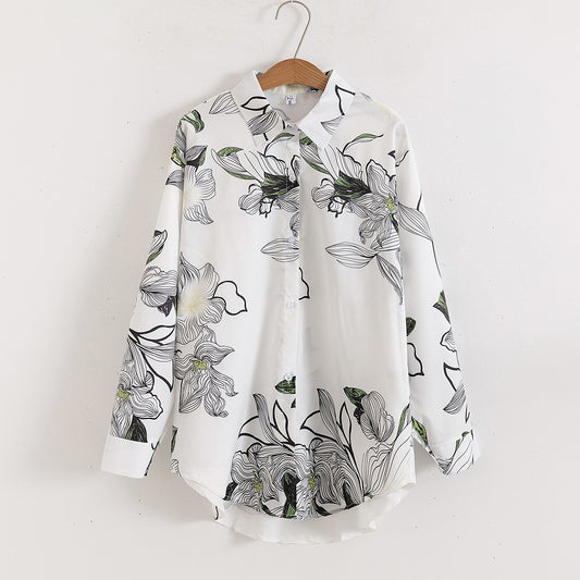 Camisa holgada de manga larga con cuello y estampado floral para mujer