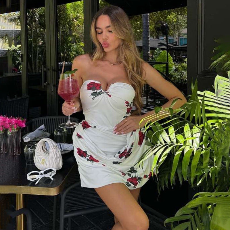 Vestido elegante de verano con escote en V y estampado de rosas para mujer, top de tubo sin espalda, ajustado a la cadera