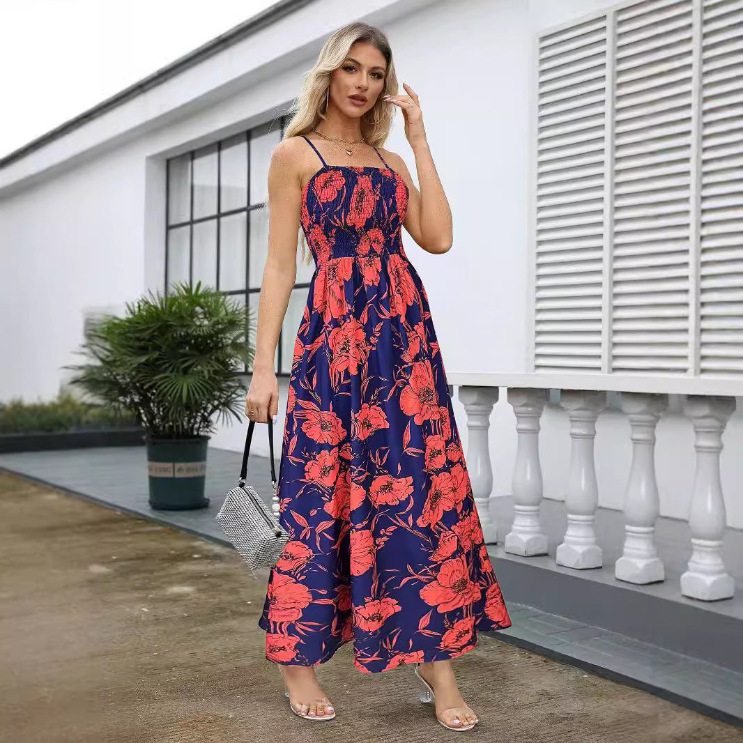 Vestido largo de cintura alta sin espalda con estampado de tirantes sexy para mujer