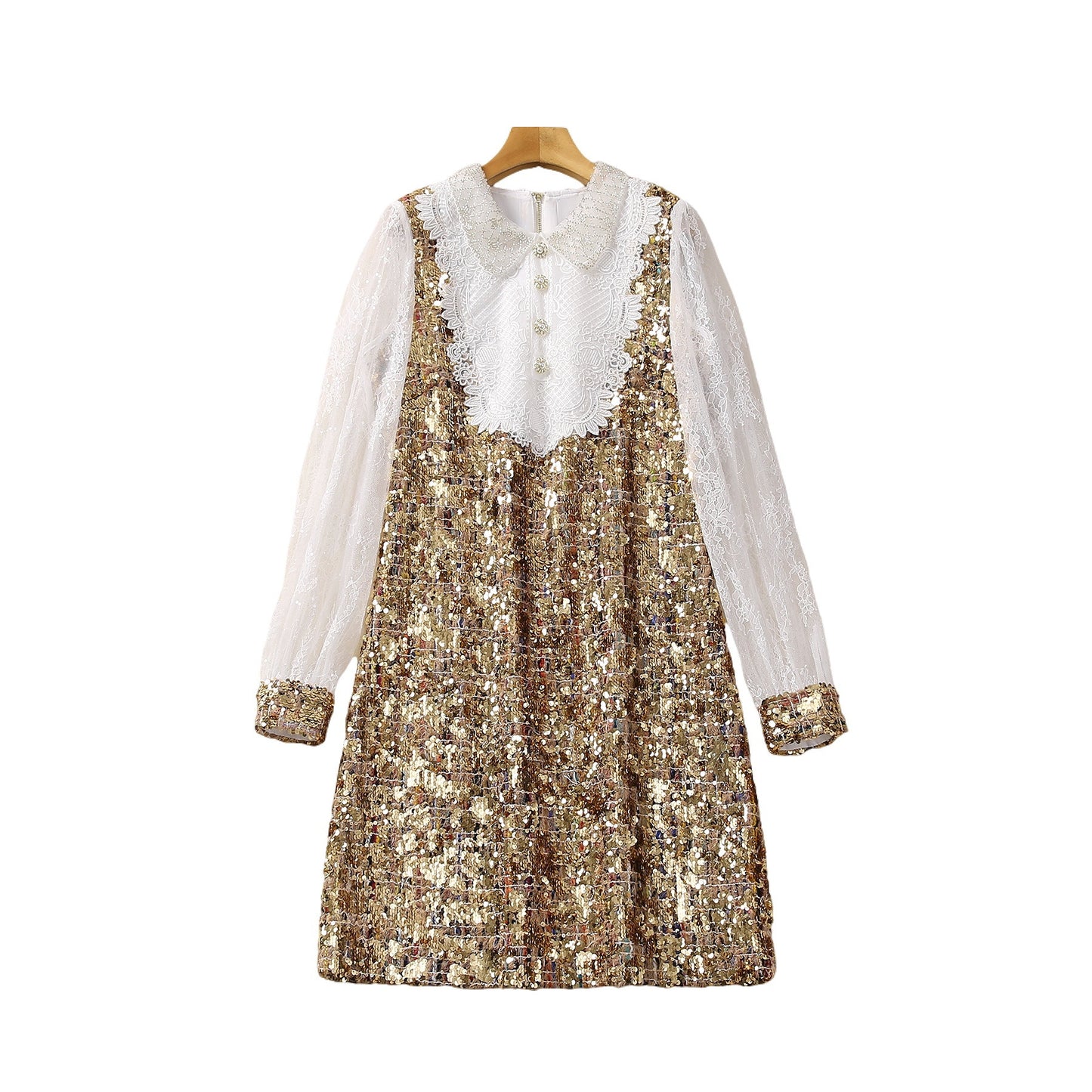 Robe à manches longues avec col double et boucle en perles et coutures en paillettes