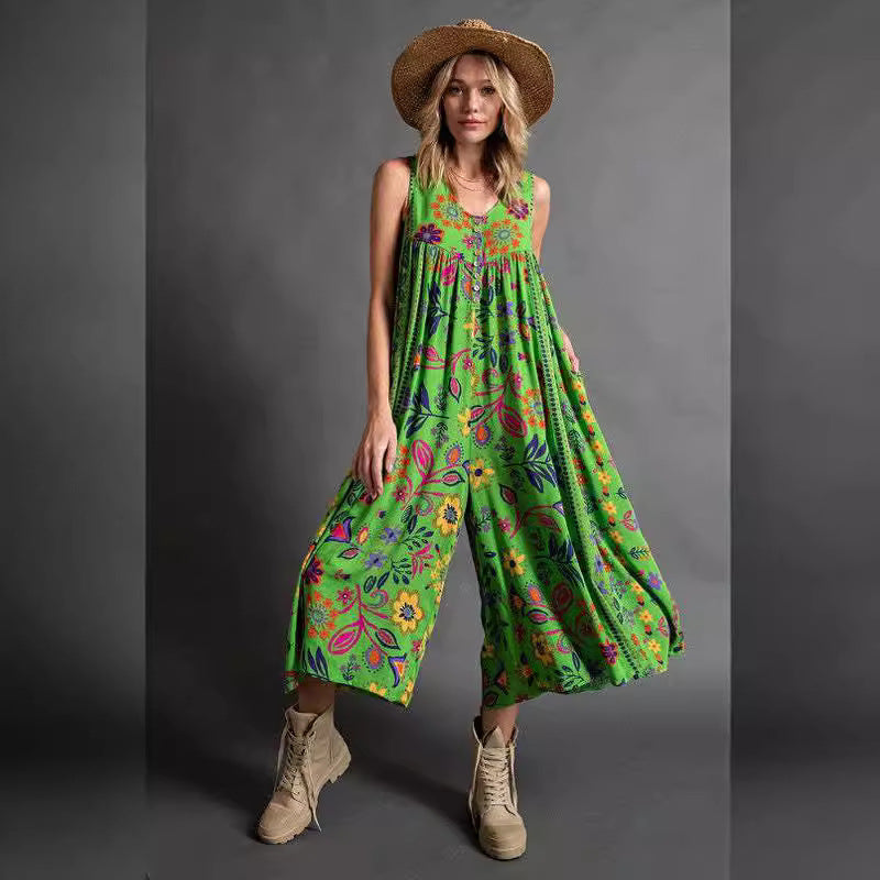 Summer Women Clothing Vintage Printed Loose Sleeveless Jumpsuit