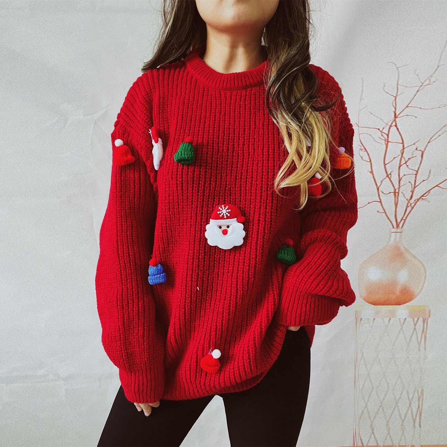 Sweater Cute Santa Claus Three Dimensional Decoration round Neck Long Sleeve Knitted Pullover