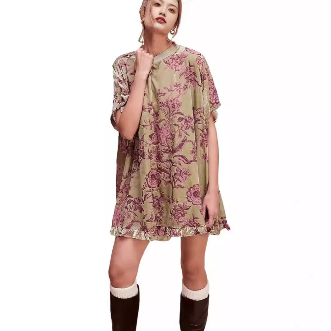 Robe Rétro Femme Col Rond Manches Courtes Floral