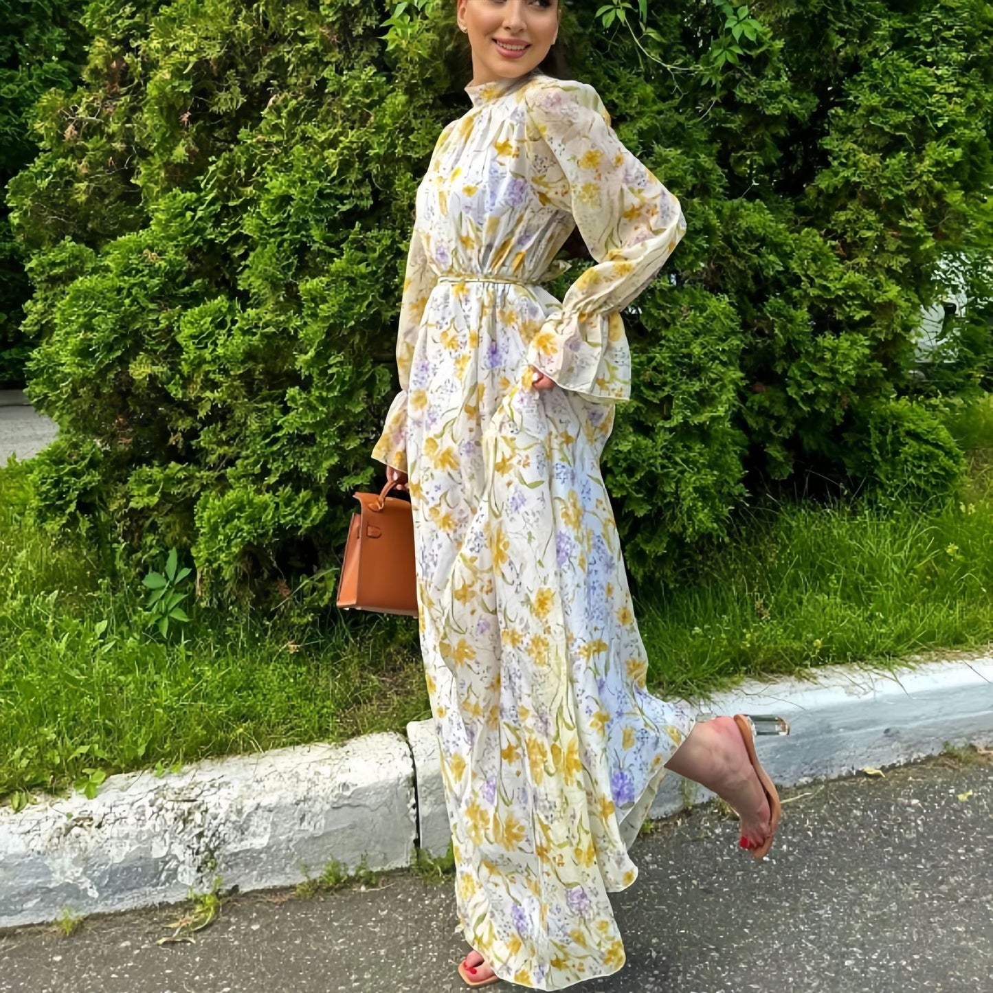 Vestido largo elegante de gasa con estampado francés y cordones en la cintura para mujer