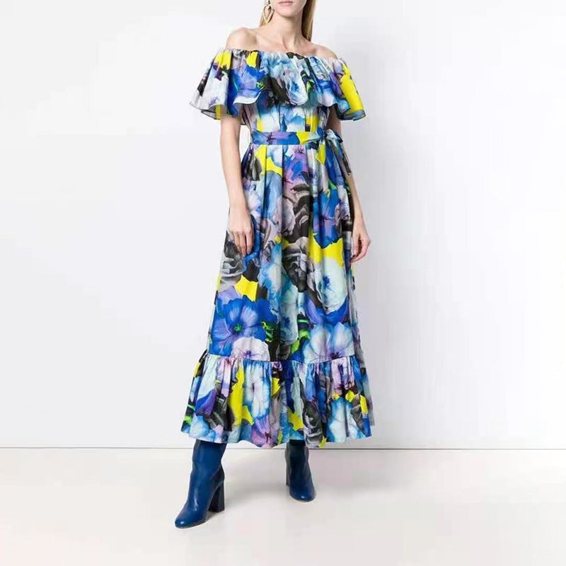 Vestido teñido con estampado de vacaciones Vestido con vuelo ceñido largo y con volantes joven con estampado de primavera