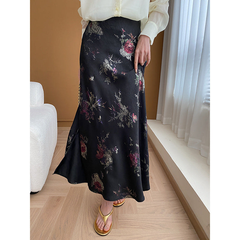 Chinese Butterfly Bronzing Printed High Waist Figure Flattering Side Slit Fishtail Skirt