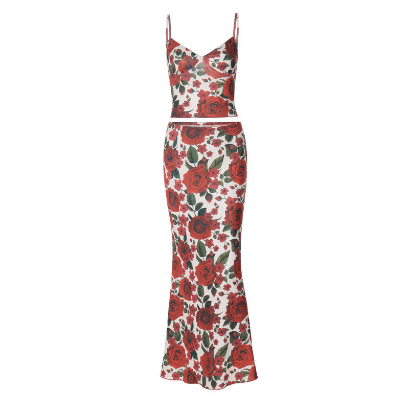 Ensemble jupe moulante à imprimé floral d'automne pour femme avec col en V et petite écharpe