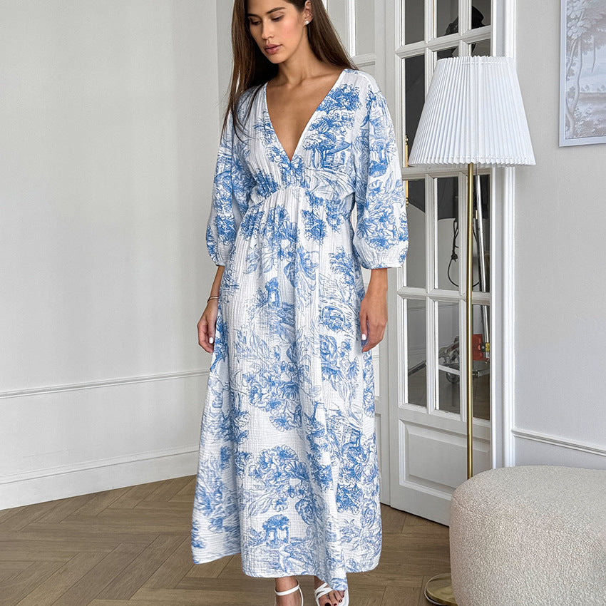 Autumn Elegant V Neck Lantern Sleeve All Matching Printed Lace Up Dress Cotton Linen Women Maxi Dress