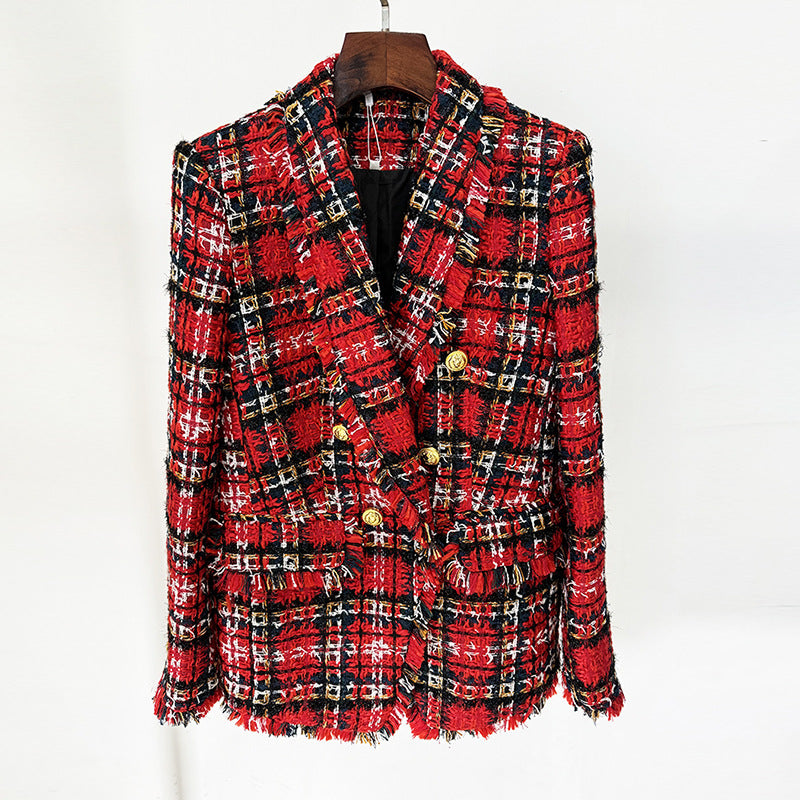 Autumn Winter Green Collar Tassel Plaid Tweed Mid Length Jacket Coat