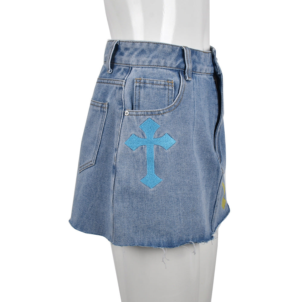 Ropa de mujer Primavera Verano Denim Borla Criss Cross Stitch Falda floral