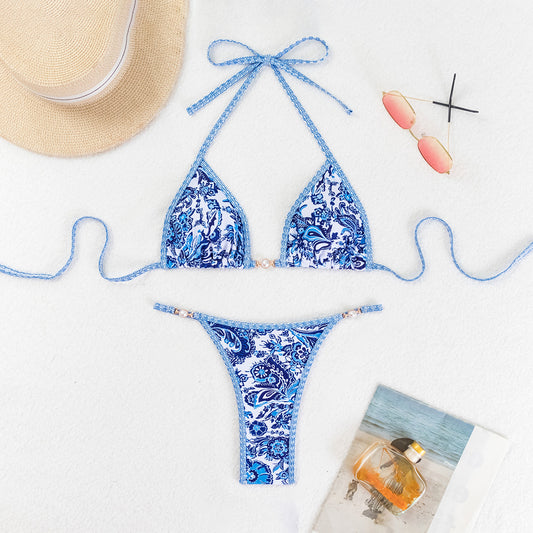 Bikini Blue White Porcelain Printed Lace Up Sexy Bikini Swimsuit Swimwear Women