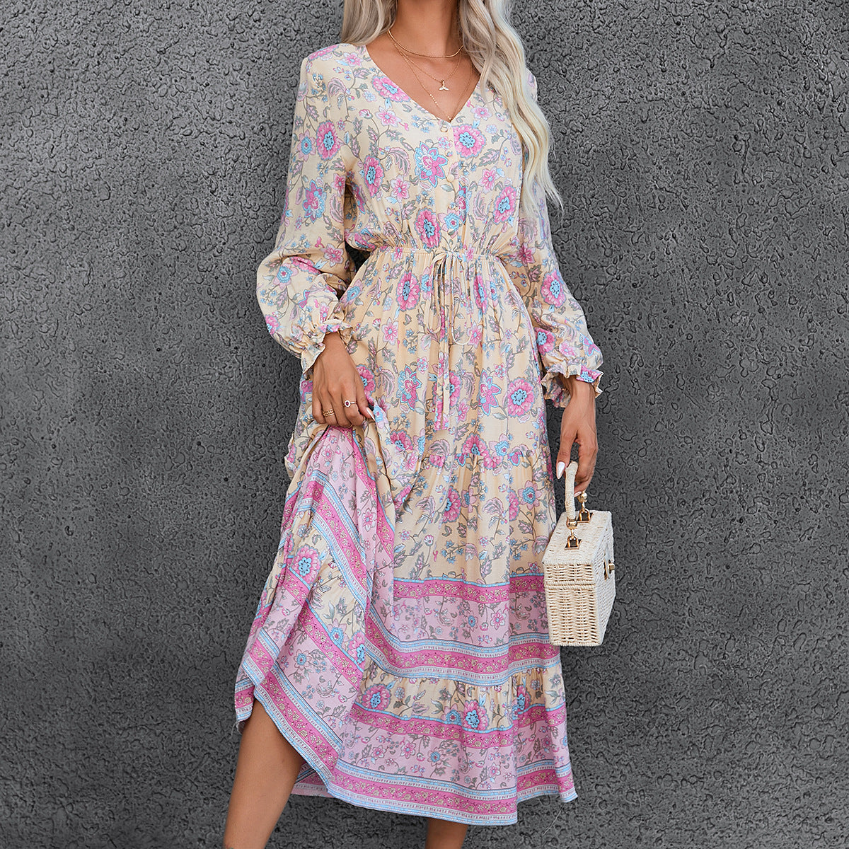 Autumn Winter Bohemian Casual Vacation Long Sleeve Positioning Printing Large Swing Dress