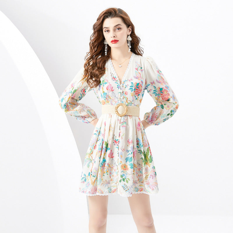 Lace Vacation Style V-neck Lantern Sleeve Pleated Printed Short Mini Dress