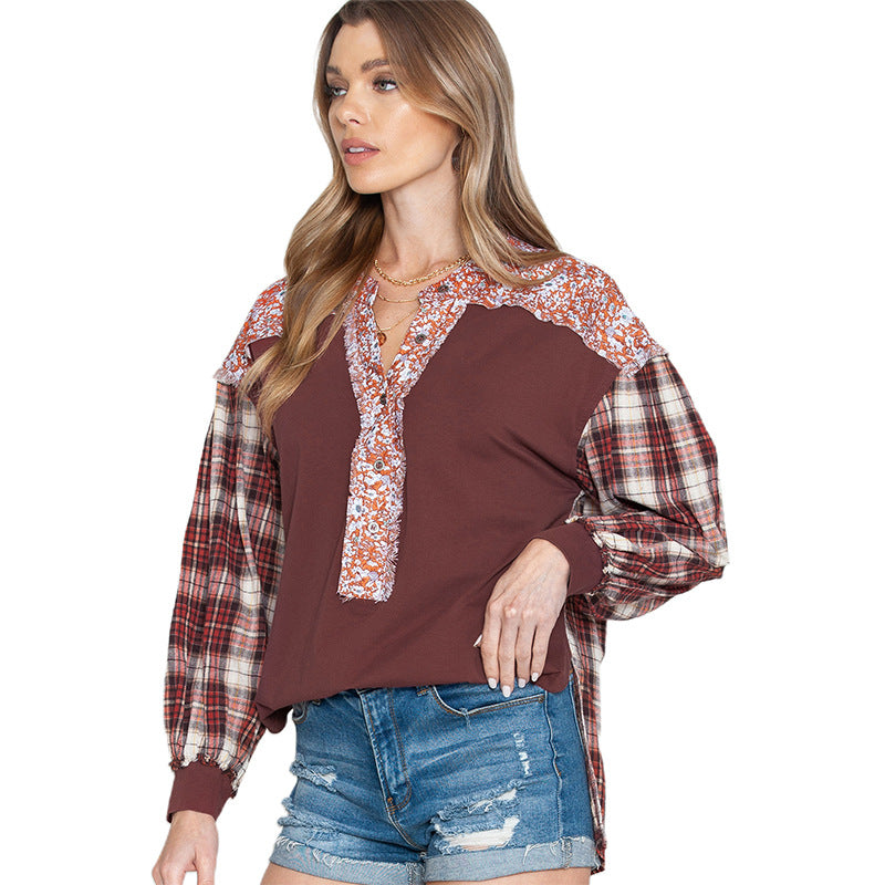 Ropa de mujer Cárdigan medio Sudadera de color en contraste para mujer Otoño Jersey de manga larga con cuadros florales para mujer