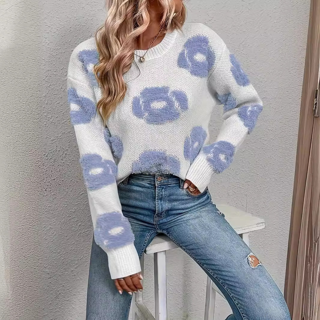 Autumn Winter Cute Floral Pattern All Match Round Neck Pullover Knitted Sweater