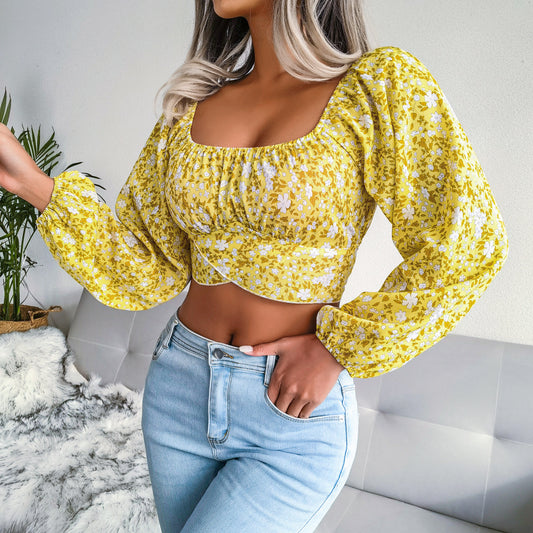 Lantern Sleeve Bow Floral Chiffon Shirt Vacation Cropped Top Women Clothing