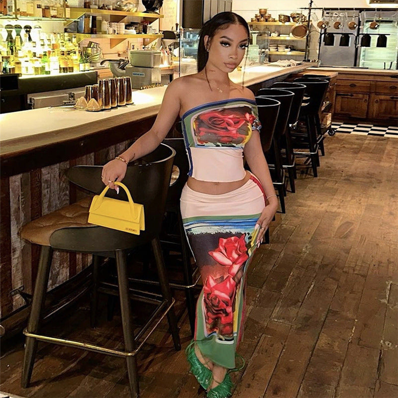 Ropa de mujer Conjunto de falda delgada con estampado floral elegante de cintura alta sin espalda y hombros descubiertos de verano