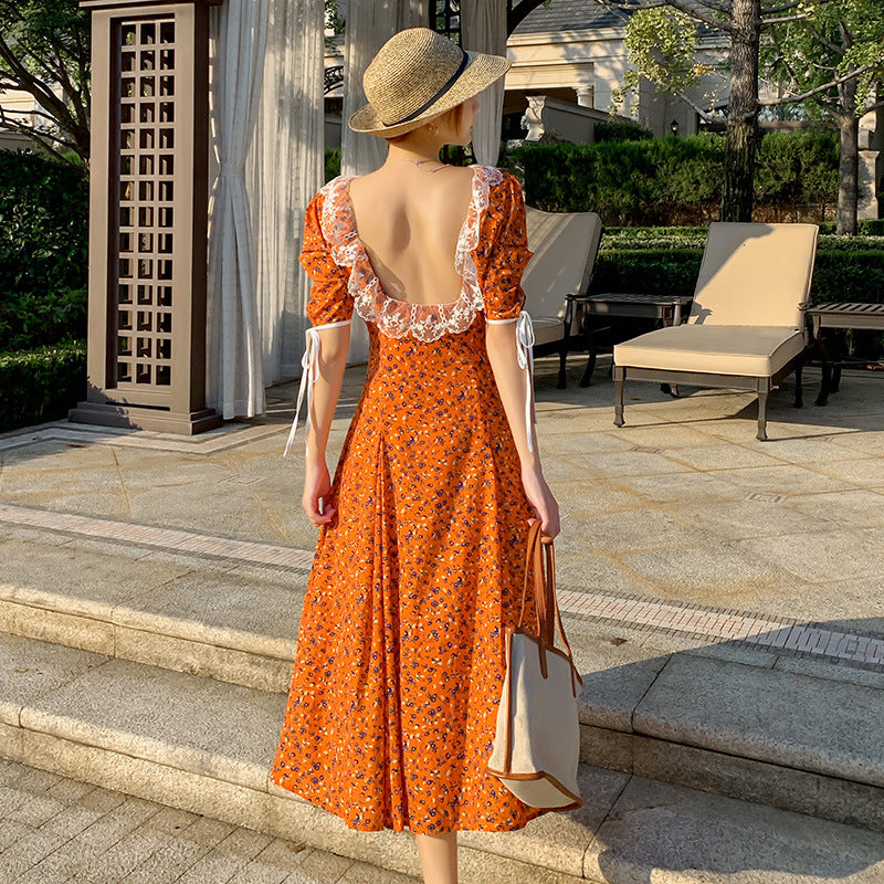 Robe française en dentelle florale dos nu pour femme