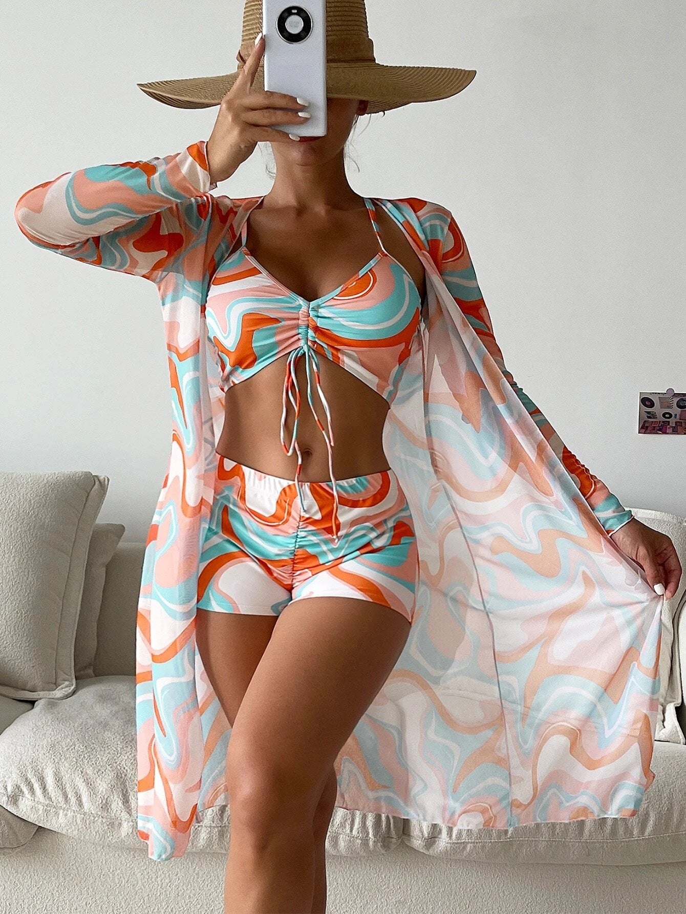 Swimsuit Women Split Three Piece Suit High Waist Long Sleeves Blouse Internet Celebrity Drawstring Suit