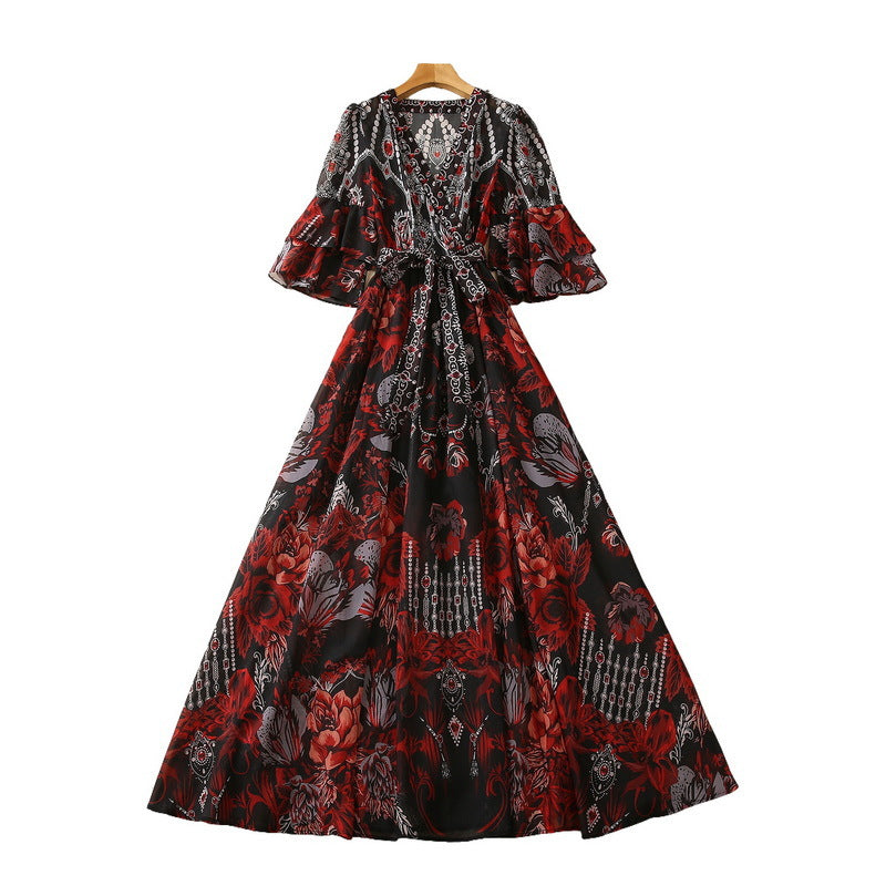 V-neck Flared Sleeves Lacing Chiffon Printing Dress