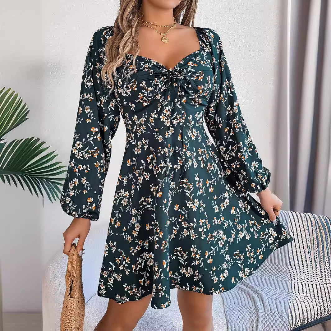 Automne hiver décontracté Sexy laçage col carré Floral à manches longues une ligne femmes vêtements