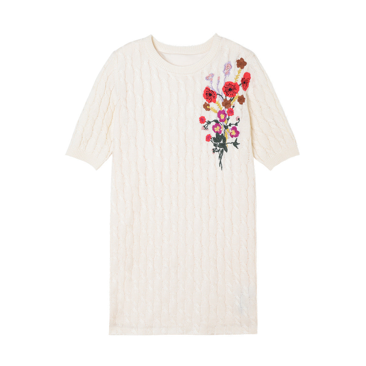 Cotton Knitted Dress Flower Embroidery Twisted Round Neck