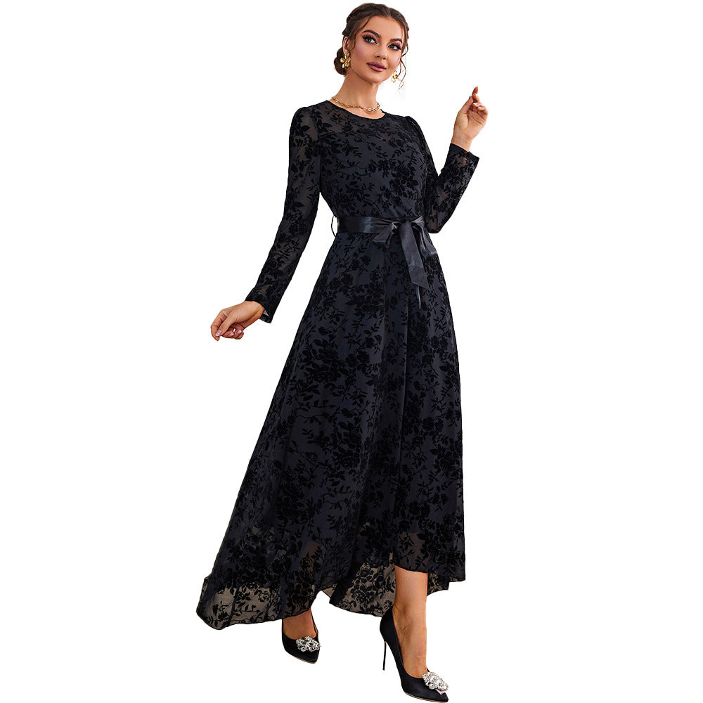 Autumn Winter Women Clothing Round Neck Long Sleeve High Waist Lace up Dark Printed Mesh Dress