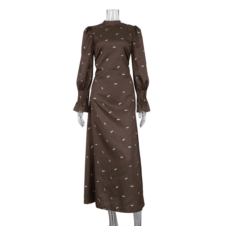 Robe imprimée à manches longues et col rond pour femme, tenue d'automne en satin drapé à taille contrôlée