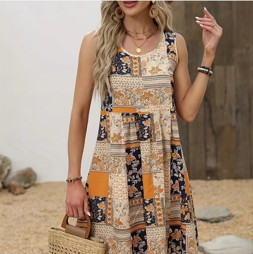 Robe midi sans manches à col rond populaire à fleurs