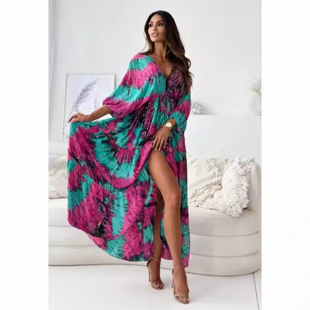 Vestido con abertura y estampado floral multicolor, sexy, escote en V profundo y manga tres cuartos de otoño