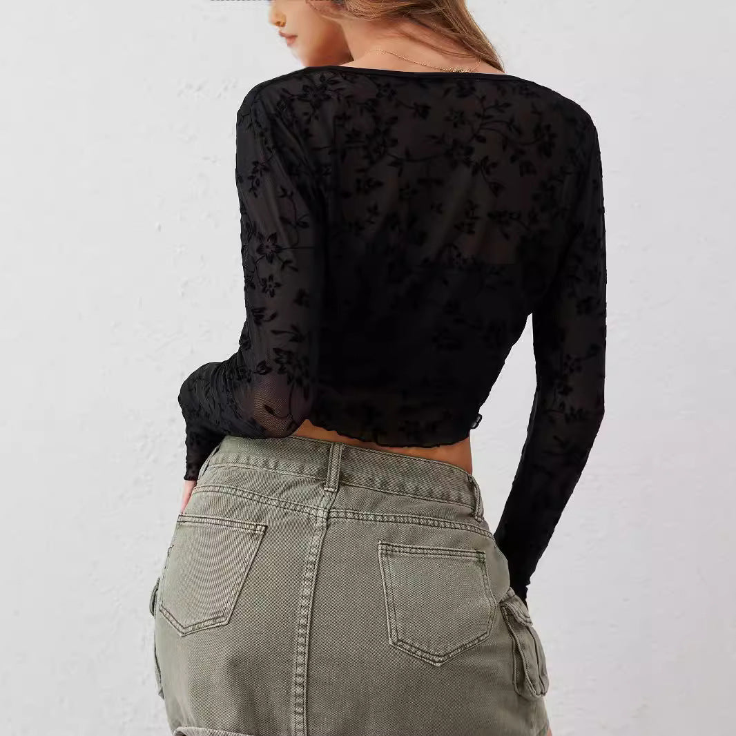 Blusa elegante de manga larga con cordones en la parte delantera y malla transparente para mujer para otoño e invierno