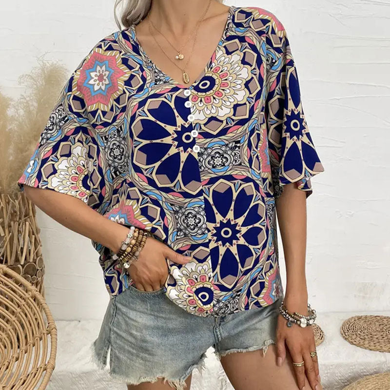 Women Spring Summer Loose Batwing Sleeve Short Sleeve Top Women National Printed T shirt Women Spring Autumn