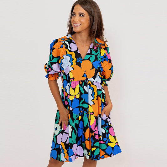 Robe pull à col en V pour femme, tenue courte imprimée multicolore assortie