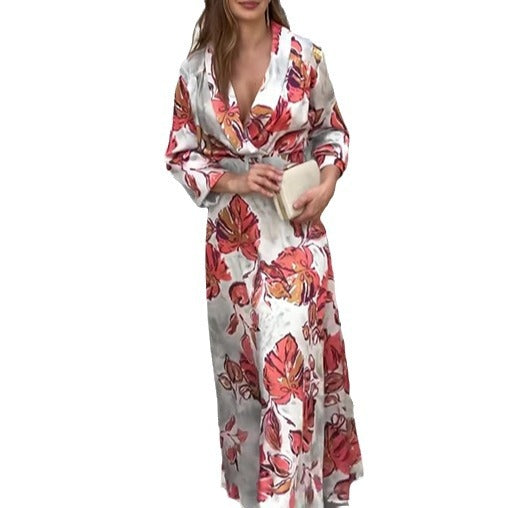 Autumn Printed Deep V Plunge Neck Slim Fit Maxi Dress Long Sleeve Large Swing Women Clothing