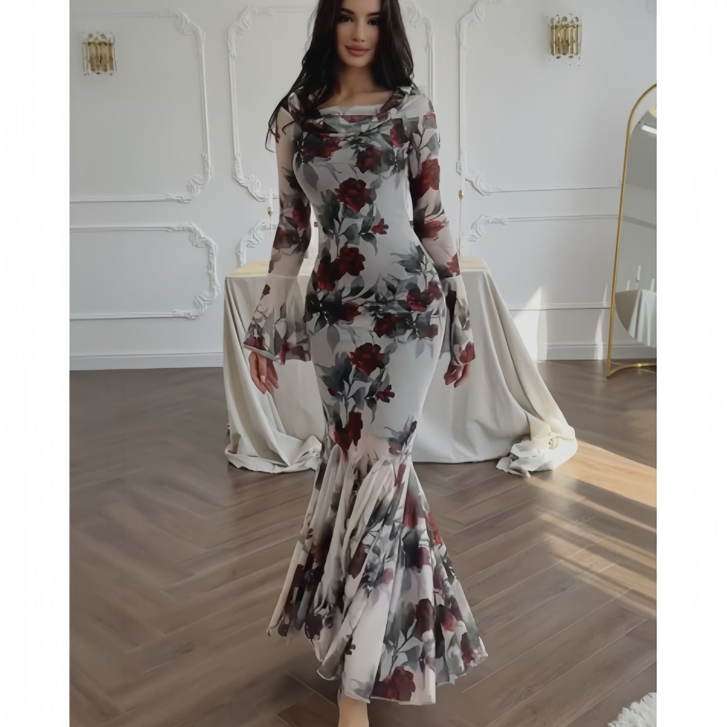 Vestido largo de manga larga con estampado floral francés romántico para mujer