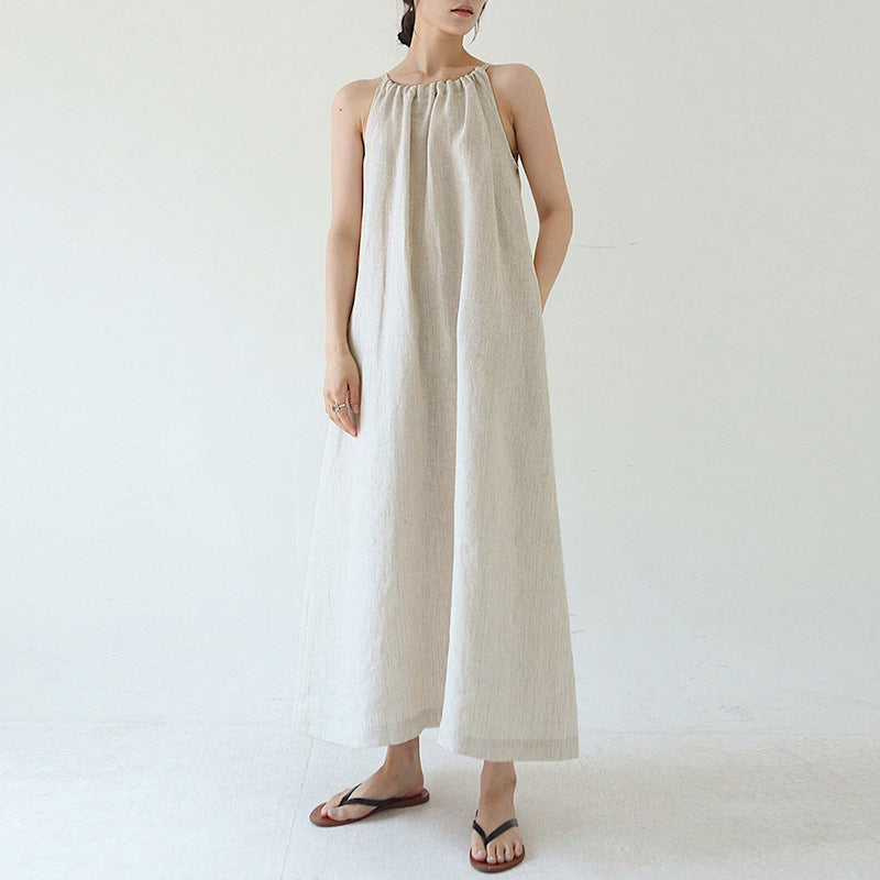 Cotton Linen Dress off Shoulder Halter French Loose Niche Mid Length Pure Linen Cotton Camisole Dress