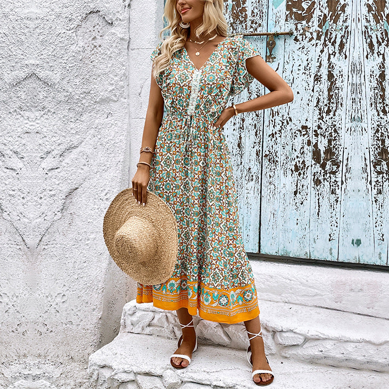 Summer Women Ruffled Printed Dress Long Dress