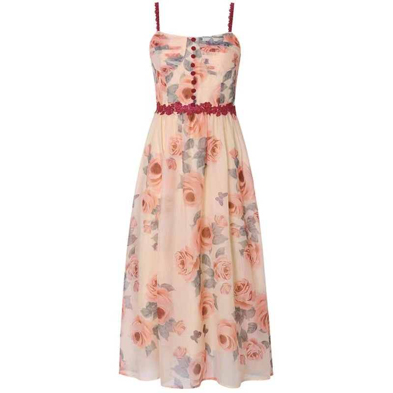 Vacation Strap Dress Women Summer French Tea Break Floral Strap Dress Rose