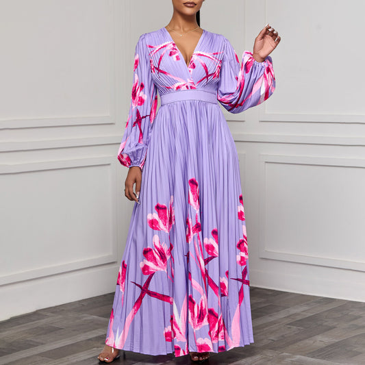 Women V Neck Slimming Long Sleeves Printed Pleated Dress Dress