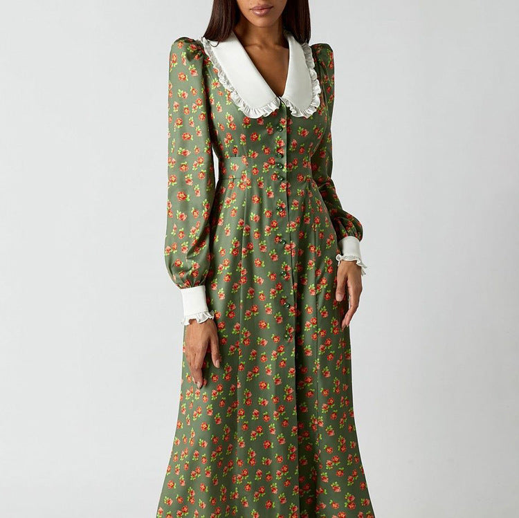 Early Spring Dignified Sense of Design Printed Maxi Dress Doll Collar Waist Slimming Long Sleeve Dress