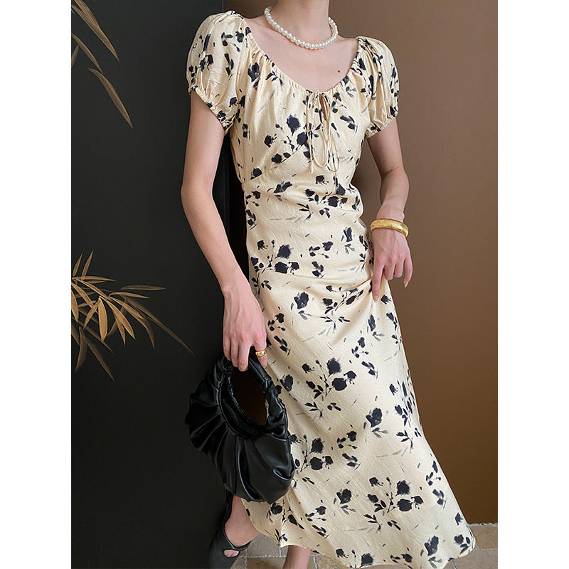 Vacation Puff Sleeve Floral Square Collar Lace Up Dress Early Spring