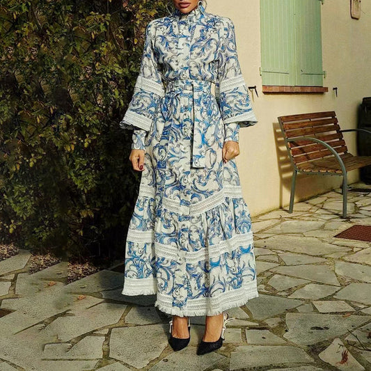 Robe française rétro bleue imprimée, col montant, manches longues, taille à lacets, amincissante, Maxi, printemps