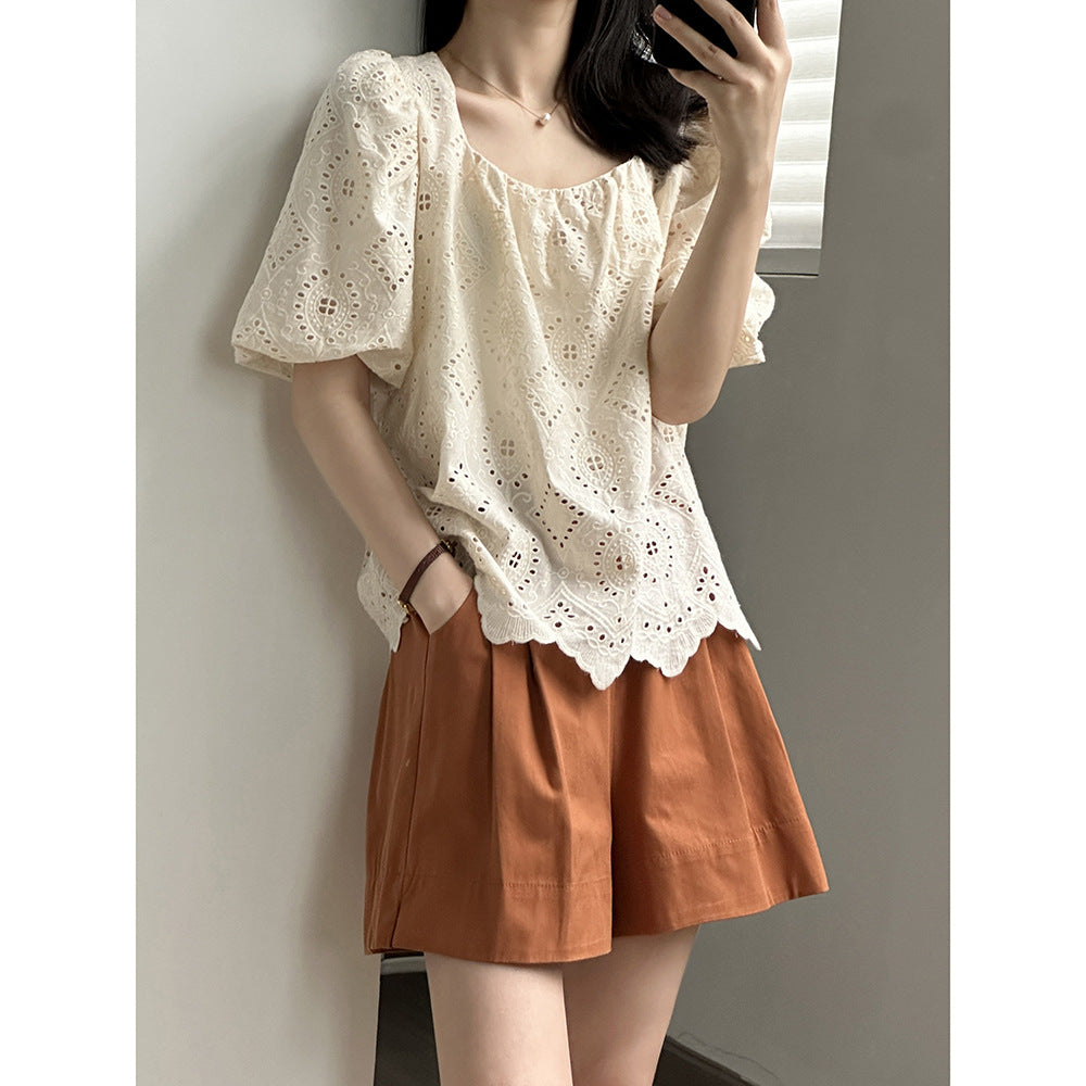 French Hollow Out Cutout Design Puff Sleeve Top Summer High Grade Positioning Floral Shirt Women