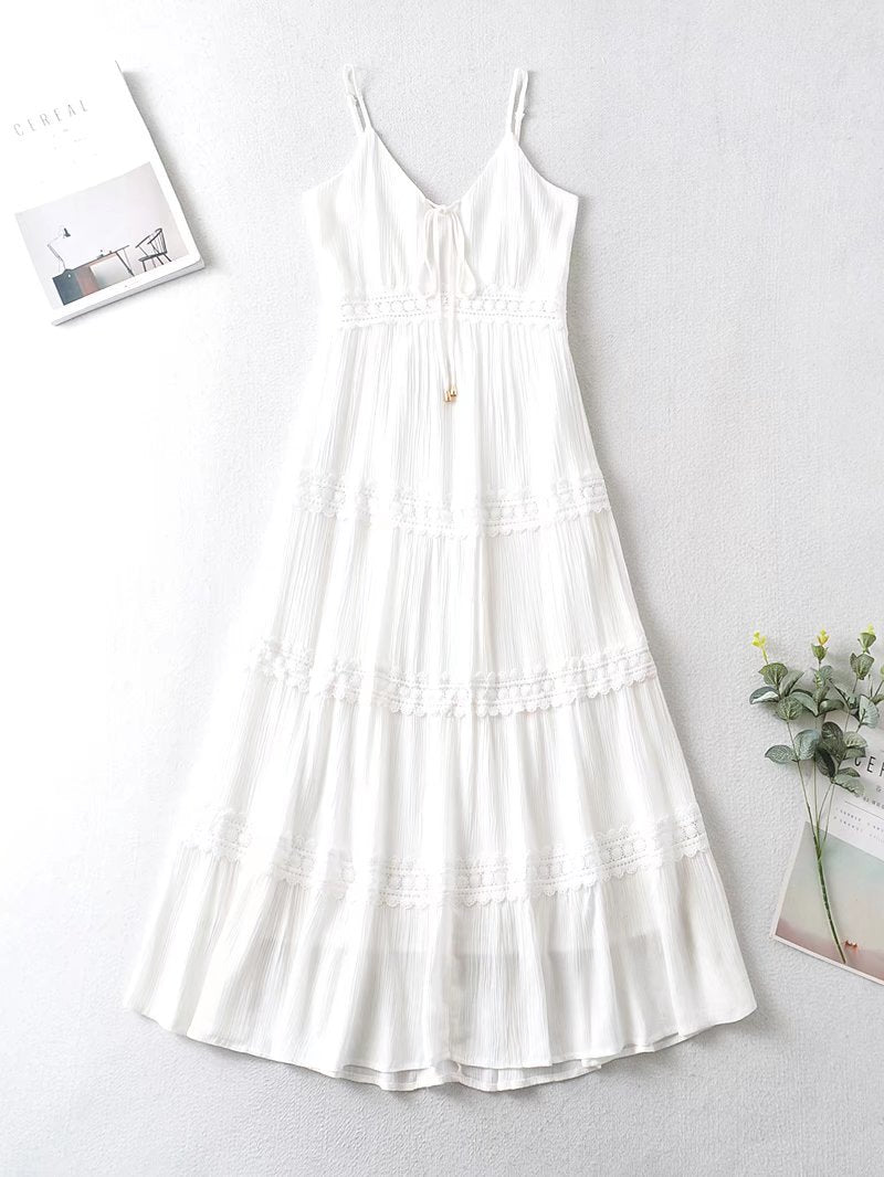 Vestido de verano de primavera nueva moda Simple cuello en V pecho con cordones blanco una línea vestido de mujer