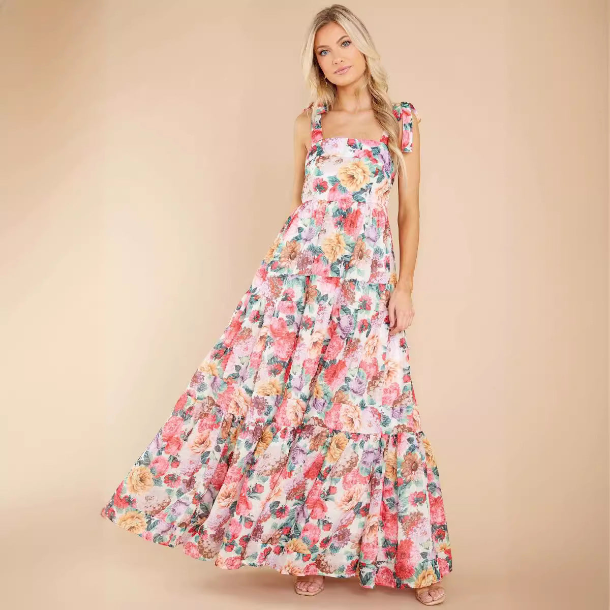 Ropa de verano para mujer Vestido elegante con tirantes florales y cuello descubierto