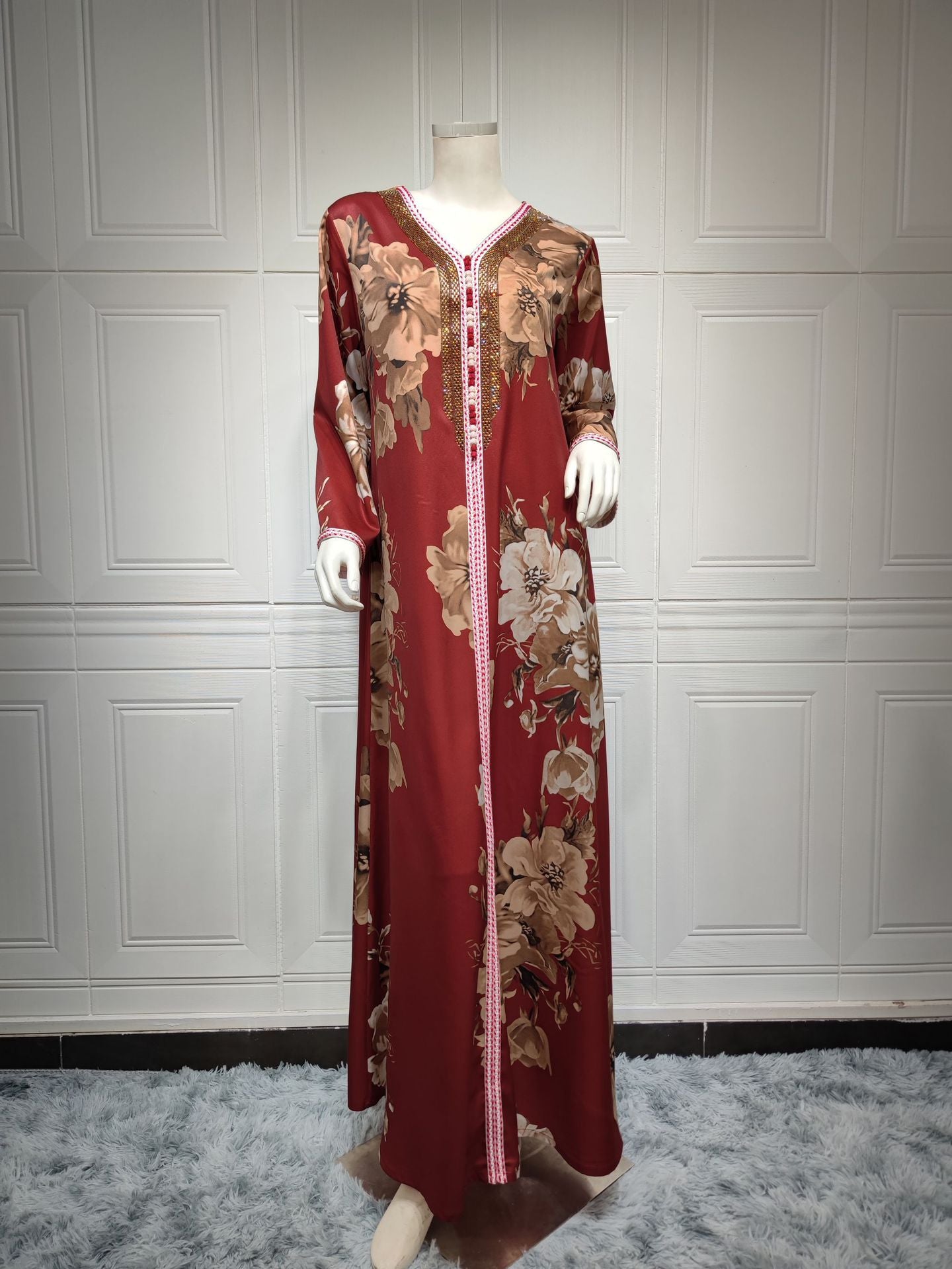 Summer Muslim Middle East Arab Robe Abaya Printed Rhinestones