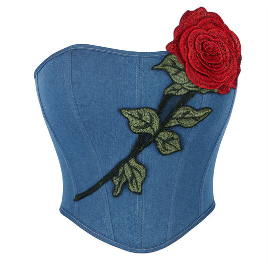 Blue Color Denim Sewing Rose Women Tube Top Breasts Support Push up Court Body Shaping Top