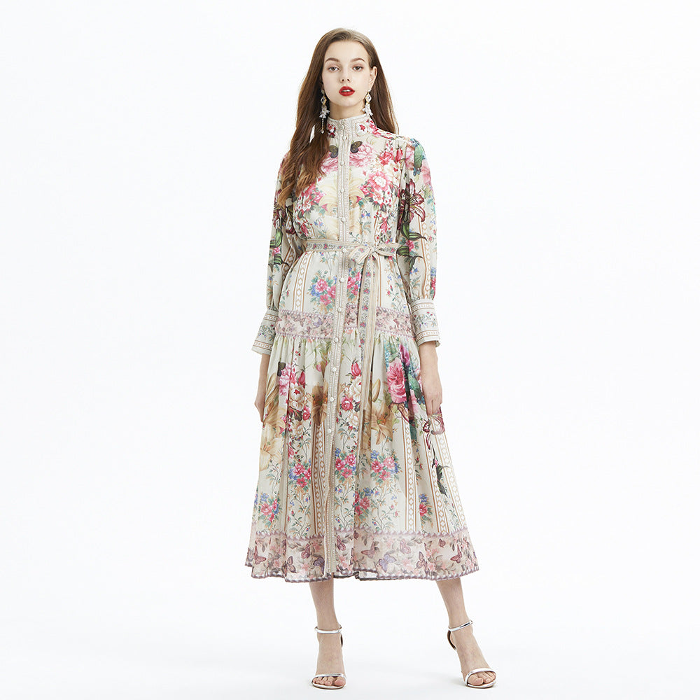 Lantern Sleeve Printed Long Sleeve Elegant Ruffle Long Dress Chiffon Two-piece Set