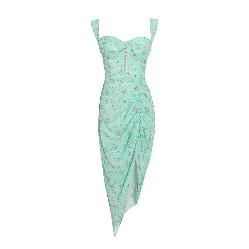 Green Printing Fresh Maxi Dress Summer Sleeveless Printed Drawstring Sexy Irregular Asymmetric Dress