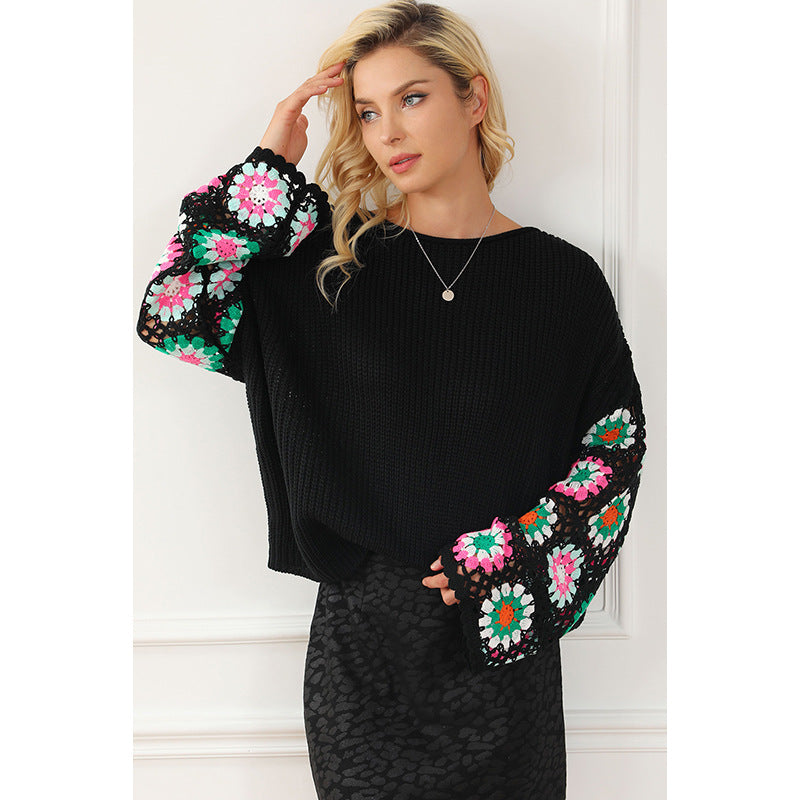 Autumn Winter Floral Crochet Knitted Head Sweater Women Casual Loose Sweater Women